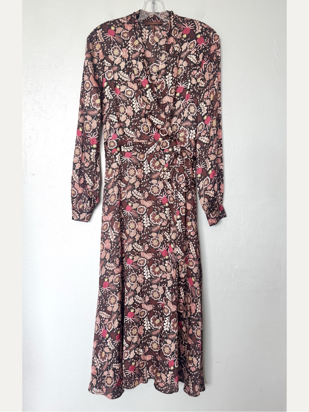 Scotch & Soda Floral Long Sleeve Belted Midi Wrap Dress in Brown Multi Size XS